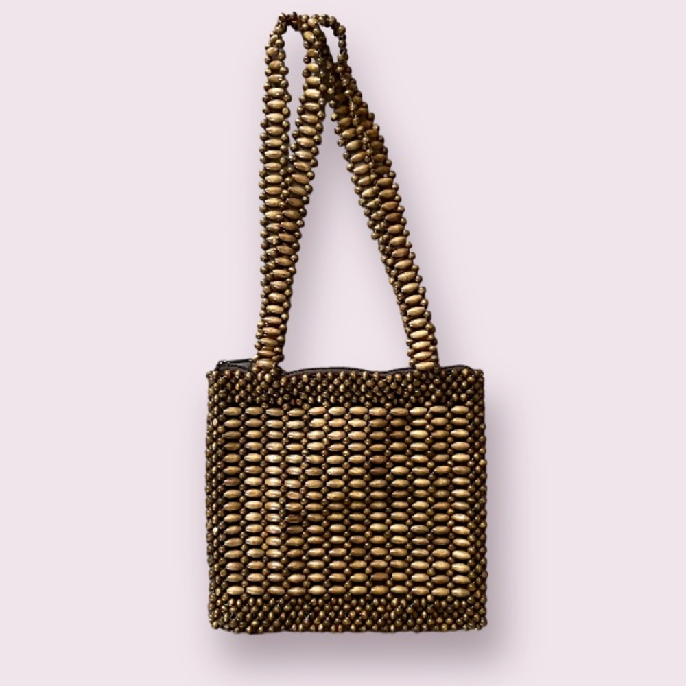 Vintage Handmade Brown Wooden Beads Bag